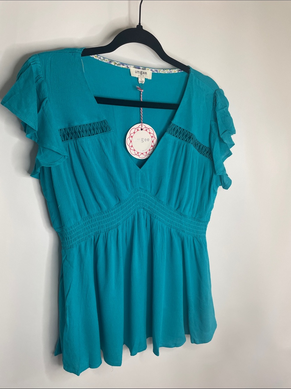 Umgee Teal V-Neck Flutter Sleeve Smocked Waist Top